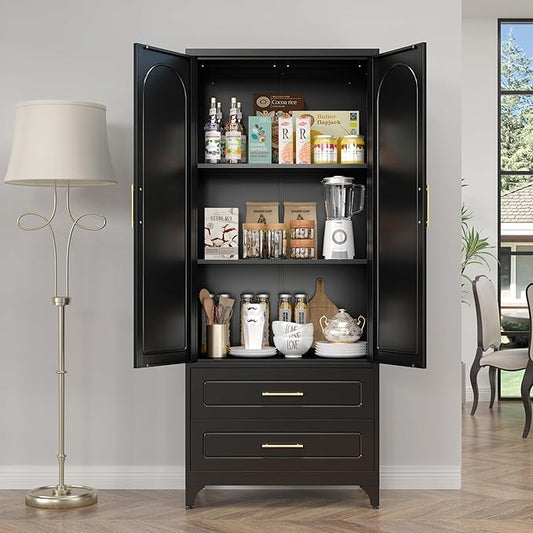 Metal Kitchen Pantry Storage Cabinet with 2 Drawers,75Inch Black Food Pantry Cabinets for Kitchen with 2 Adjustable Shelves,Tall Storage Cupboard for Living Room, Dining Room Office