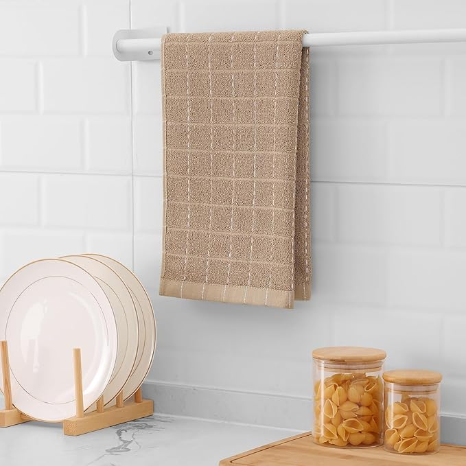 Mordimy 100% Cotton Terrycloth Kitchen Towels and Dishcloths Sets, Soft and Absorbent Checkered Dish Towels, Quick Drying Dish Rags for Washing Dishes, 4 Pack 16" x 26" & 4 Pack 12" x 12", Tan