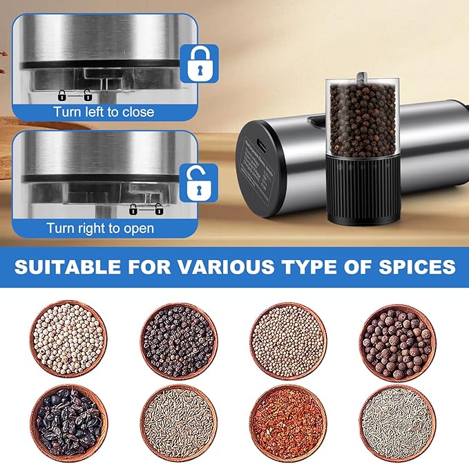2 Pack Electric Salt and Pepper Grinder Set, Salt and Pepper Shakers with LED Light, USB C Dual Charging Base, Adjustable Coarseness, One-Hand Operation, Large Capacity for Kitchen, Dining & BBQ