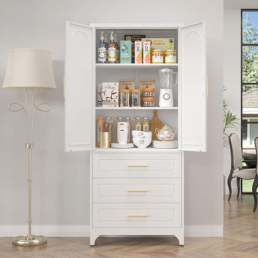 Metal Kitchen Pantry Cabinet with 3 Drawers,75 Inch White Food Pantry Cabinets for Kitchen Storage with 2 Adjustable Shelves,Tall Storage Cupboard for Living Room,Dining Room Office