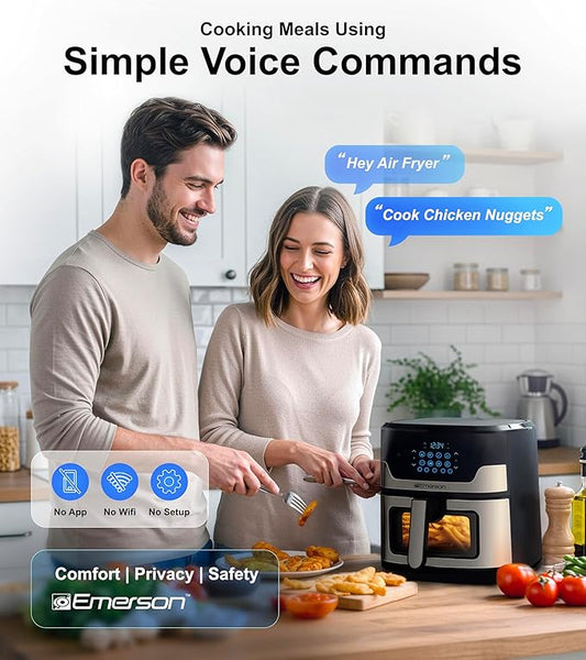 Emerson SmartVoice 5.3QT 6-in-1 Air Fryer, 1000+ Voice Control Commands, 100+ Recognized Food, No APP, No WIFI, No Setup, Nonstick Basket, Air Fry, Bake, Reheat, Dehydrate, 1500W