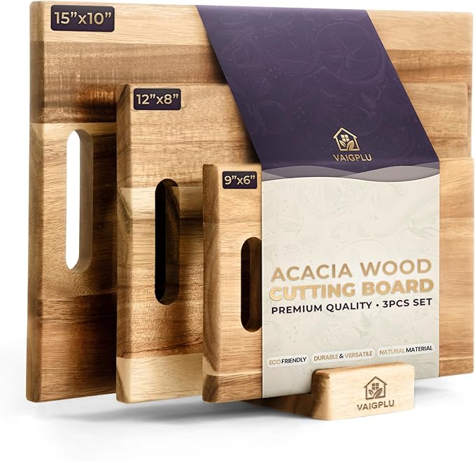 Acacia Cutting Board Set of 3 with Holder – Solid Acacia Wood Cutting and Serving Boards, Durable Chopping Boards for Meat, Vegetables and Fruits