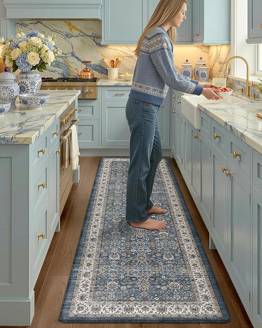 Color&Geometry Anti Fatigue Kitchen Mats for Floor 24x87, Vintage Decor, Easy Clean, Waterproof & Oil Proof, 0.4" Thick Cushioned, Non-Slip Kitchen Runner Rug for Sink, Laundry, Office, Blue