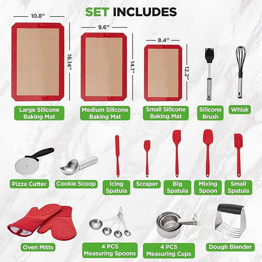 NutriChef 23-Piece Baking Utensil Collection with Measuring Tools, Silicone Mats, Spatulas, Whisk & Oven Mitts - Complete Kitchen Utensils Set and Baking Tool Set Suitable for Home Bakers