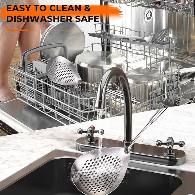MARTE Skimmer Slotted Spoon, 304 Stainless Steel Pasta Spider Strainer Ladle Skimmer Spoon - Kitchen Cooking Colander Spider Strainer Spoon with Long Handle for Cooking, Draining, Frying, 14.8 Inch