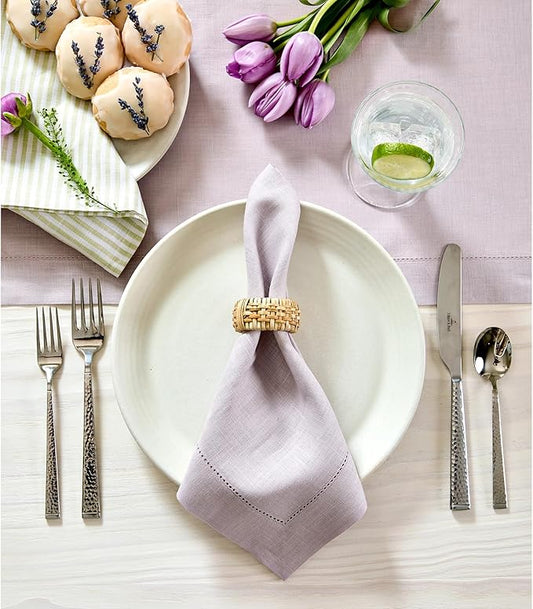 Solino Home Linen Napkins Set of 6 - Classic Hemstitch 100% Pure Linen Lilac Dinner Napkins Cloth 20 x 20 Inch for Valentines, Spring, Easter - Handcrafted and Machine Washable