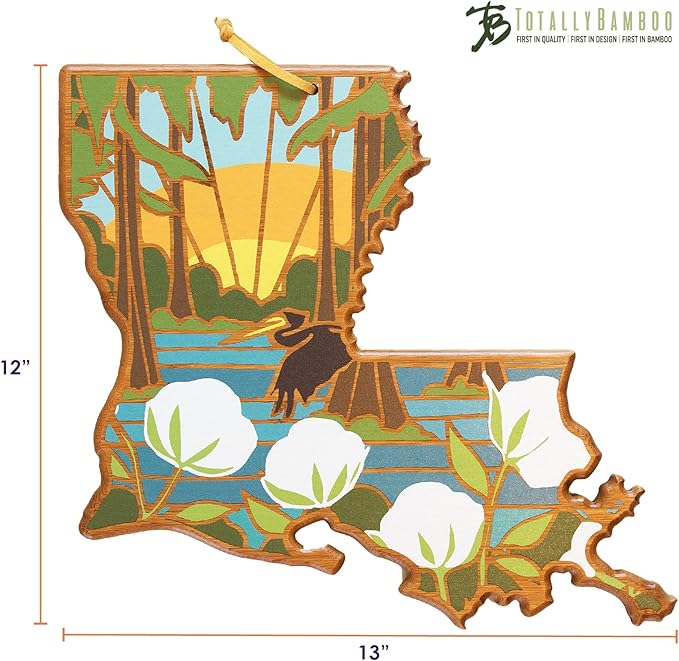 Totally Bamboo Louisiana State Shaped Cutting Board and Charcuterie Serving Platter with Artwork by Summer Stokes, Includes Hang Tie for Wall Display