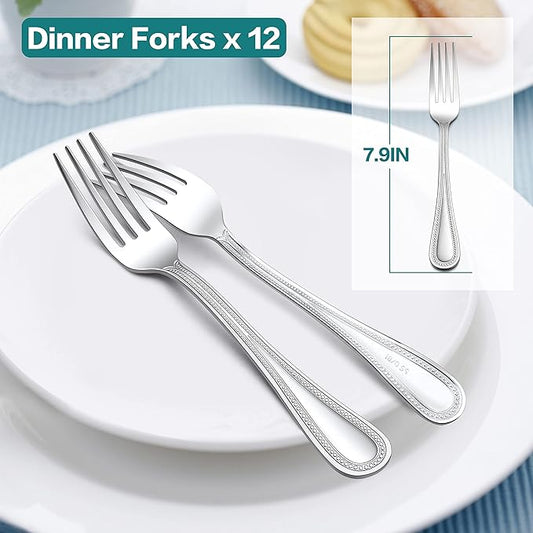 Forks Set of 12, E-far Stainless Steel Dinner Forks Silverware with Pearled Edge for Home/Kitchen/Restaurant, Mirror Polished & Dishwasher safe-7.9 Inches