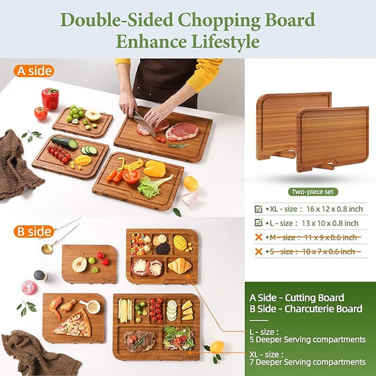 2-PCS Bamboo Cutting Board Set with Innovative Stand - Durable Double Sided Chopping Board with Juice Groove & Handle for Meal Prep, Meat, Fruit, Charcuterie Serving, Eco-Friendly Healthy Kitchen Gift