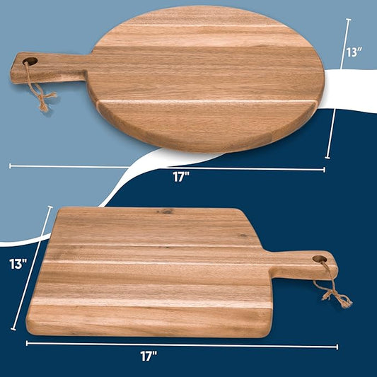 KOLWOVEN Acacia Wood Cutting Board 2 Pack with Handle, Wooden Charcuterie Board Large Paddle Carving Chopping Board Set, Serving Tray for Cheese Meat Fruit Pizza Bread Baking