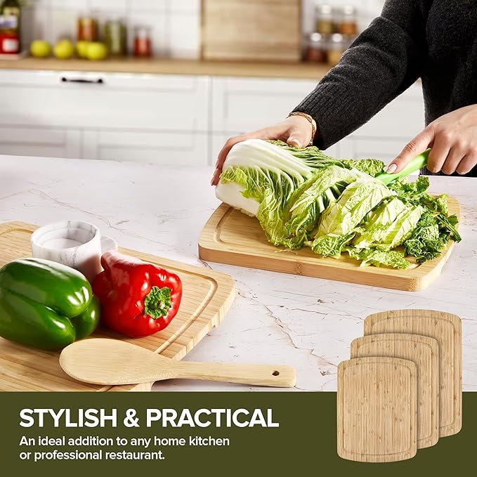 Wood Cutting Boards for Kitchen Counter – Organic Bamboo Cutting Board Set with Stick-On Grips (3 Pack), Thick Non-Slip Wooden Chopping Boards for Meat, Cheese, Produce & Serving