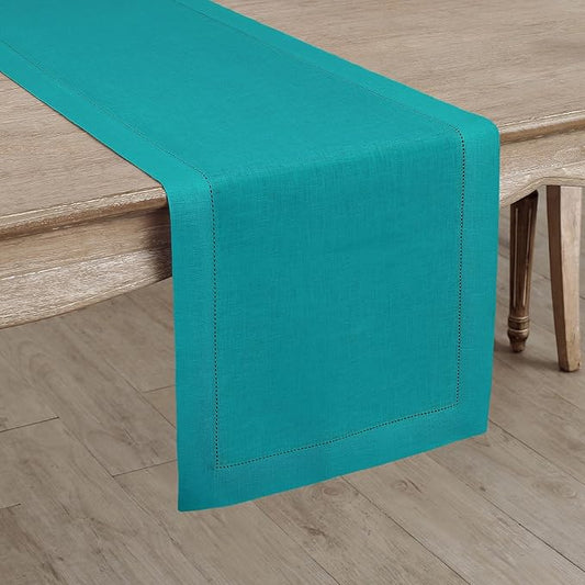 Solino Home Linen Teal Table Runner 108 Inches Long - 100% Pure Linen Hemstitch 14 x 108 Inch Table Runner for Dining - Classic Hemstitch