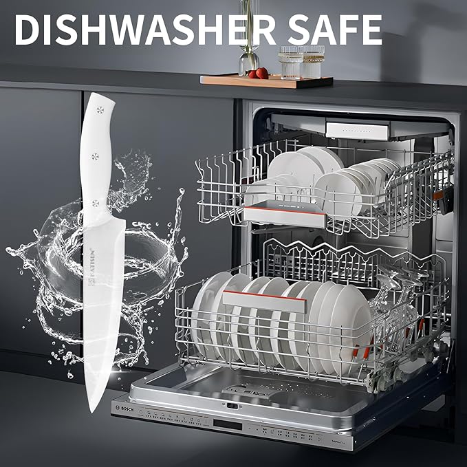 Knife Set, White High Carbon Stainless Steel Kitchen Knife Sets with Block, Built-in Sharpener, Forged Triple Rivet, Dishwasher Safe