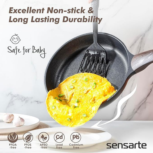 SENSARTE Pots and Pans Set Nonstick, 20 Pcs Induction Cookware Sets, Non-toxic Healthy Non Stick Kitchen Cooking Set with Stay-Cool Handles, PFOA PFOS Free, Black