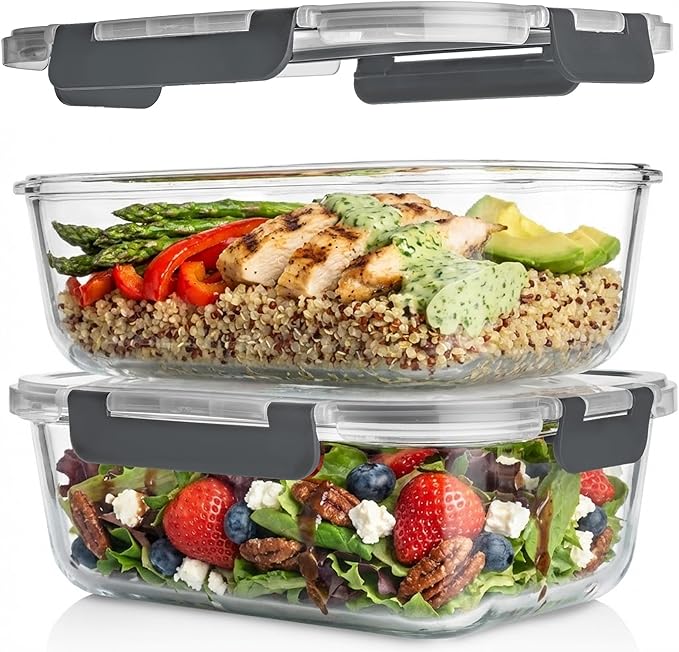 Razab 4 Pcs 1860ml / 63 Oz Large Glass Food Storage Containers with Lids - Glass Meal Prep Containers with Locking Lids for Roasting, Storing Leftover, Lunch Container, BPA Free, Microwave & Oven Safe