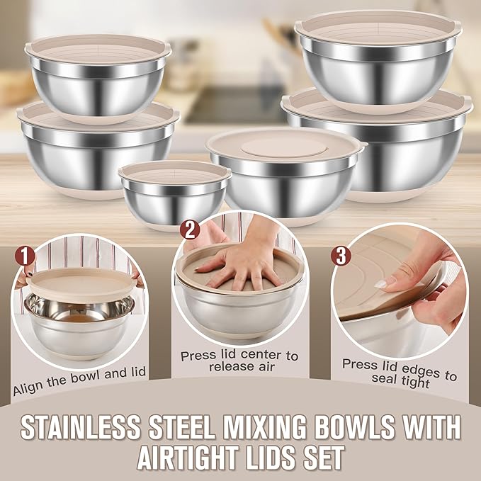 Mixing Bowls with Airtight Lid Set, 23PCS Stainless Steel Nesting Bowls with 3 Graters, Non-Slip Base, Large Prep Bowls 7, 3.5, 2.5, 2, 1.4, 1QT & 14 Measuring Spoons Great for Baking, Serving