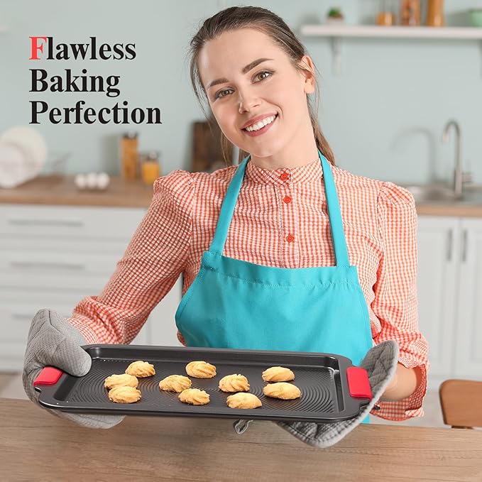 Biubumtu Baking Pans Set with Circle Grooves, 2-Piece 16x11in Nonstick Cookie Sheets for Baking & Roasting, Baking Sheet with Red Grips, PFAS/PTFE Free,Gray