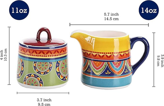 Bico Tunisian Ceramic Sugar and Creamer Set, Sugar Bowl with Lid, Cute Container for Coffee Bar, Kitchen Countertop Accessories, Microwave and Dishwasher Safe