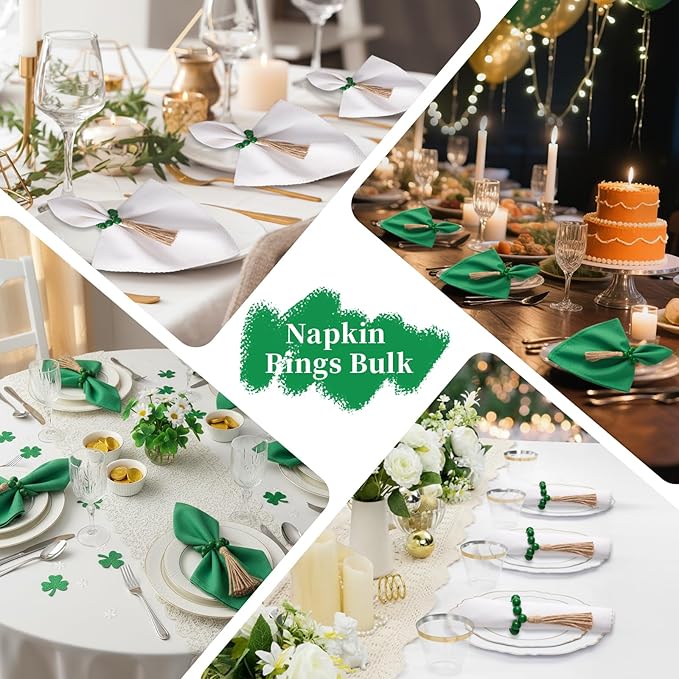 APTWOW Napkin Rings Set of 6, Green Wooden Bead Napkin Rings for Table Decor, St Patricks Day Farmhouse Napkins Rings for Boho Table Decor, Spring Banquet, Wedding, Holiday Dinner Party, Easter