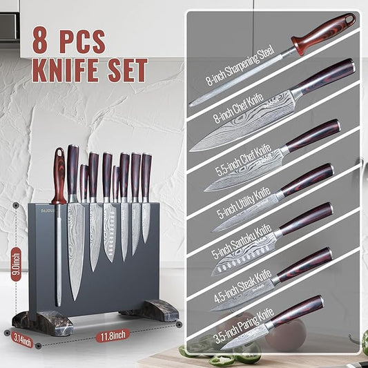 Black Knife Set With Block - 8 Pieces High Carbon Stainless Steel Magnetic Knife Set with Sharpener, Ultra Sharp Kitchen Knives Sets for Cooking with Ergonomic Handle