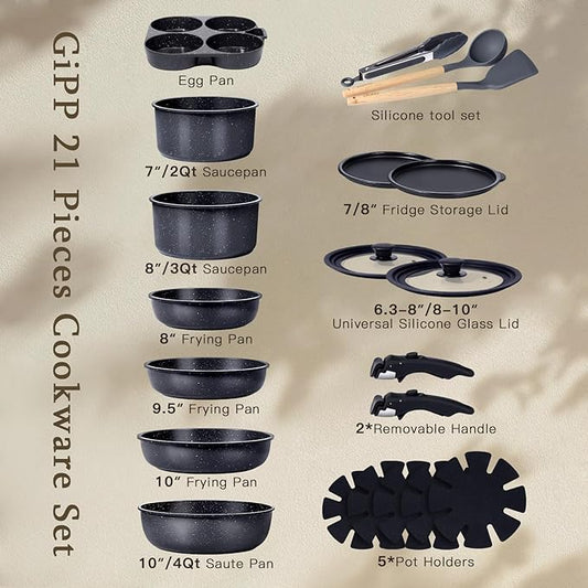 GiPP Ceramic Pots and Pans Set Non Stick, Nonstick Detachable Handle Cookware Sets, Healthy Non Toxic PFAS PFOA & PTFE Free, Dishwasher &Oven Safe, Induction Kitchen Pot and Pan, 21 Piece Grey
