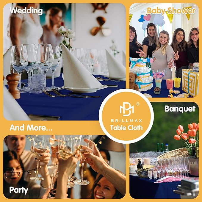 BRILLMAX 6 Pack Navy Blue Tablecloths 70 x 120 Inch for 6ft & 8ft Rectangle Tables - 150 GSM Polyester Fabric, Universal Fit, Water, Stain & Wrinkle Resistant Cloth Cover for Wedding Banquet Dining