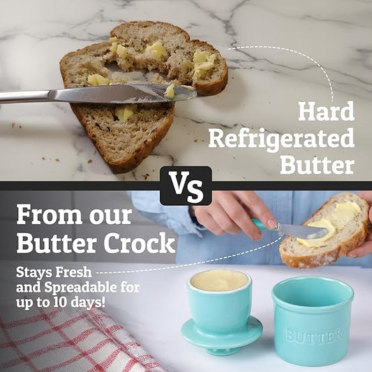 PriorityChef Butter Crock with Lid with Water Line, Ceramic French Butter Dish to Leave On Counter, Cool Green