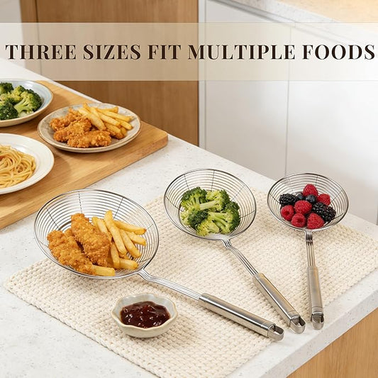 Fine Mesh Strainer & Spider Skimmer Spoon Set of 3, Stainless Steel Kitchen Utensils for Frying, Soup & Pasta (5.5”+6.3”+7.9”)