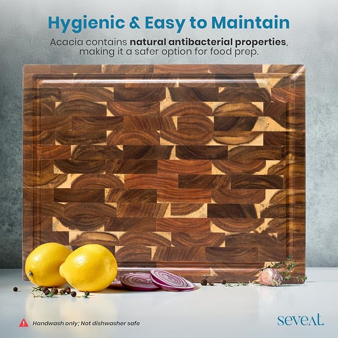 End Grain Cutting Board - Acacia Wood Double-Sided Butcher Block for Kitchen with Juice Groove & 3 Pockets, Durable Wooden Chopping Board, Wood Cutting Boards for Kitchen & Meal Prep (Brown)