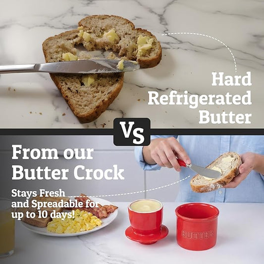 PriorityChef Butter Crock with Lid with Water Line, Ceramic French Butter Dish to Leave On Counter, Red