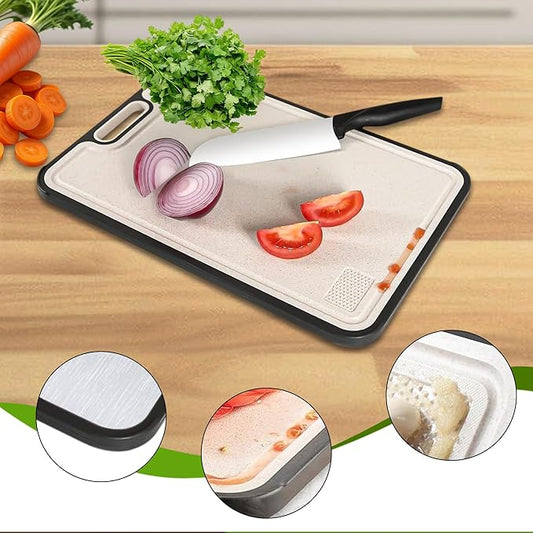 Titanium Cutting Board Double-Sided – Pure Titanium Surface Wheat Straw PP, Non-Slip Bas Juice Groove & Garlic Grinding Zone – Ultra Hygienic Chopping Board for Meat Vegetables & Fruits Easy to Clean