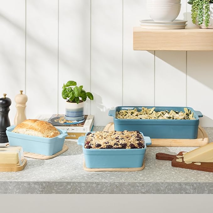 Best Choice Products 3-Piece Ceramic Bakeware Set, Stoneware Baking Dishes, Porcelain Casserole Bakeware Dishes, Serving Dishes - 9x12 Casserole, Loaf Pan, 8x8 Baking Dish - Cornflower Blue