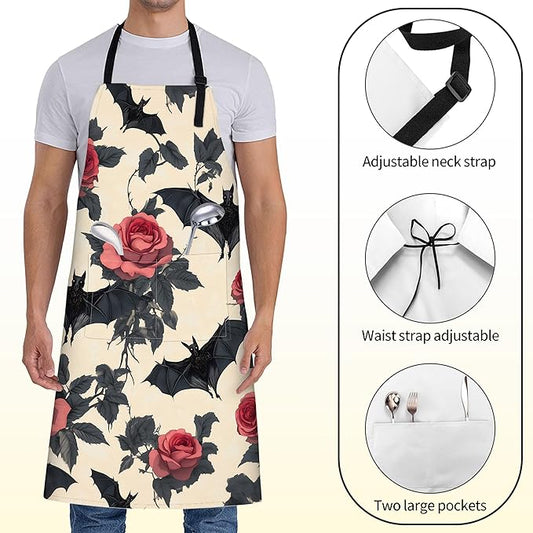Cute Black Bat Apron for Women with Floral,28x33in,Gothic Kitchen Aprons with 2 Pockets, Oxford Fabric, Goth Halloween Adjustable Apron for Cooking Baking Gardening Chef,Gifts for Mom Wife