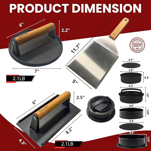 Gamalou® Smashed Burger Press BBQ Kit: 7" Round & 8.2x4.3 Rectangle Cast Iron Bacon Press, 3 in 1 Patty Maker, Spatula 6x5”, Burger Press Griddle Set for Blackstone, Traeger, Grills, Fry Pan