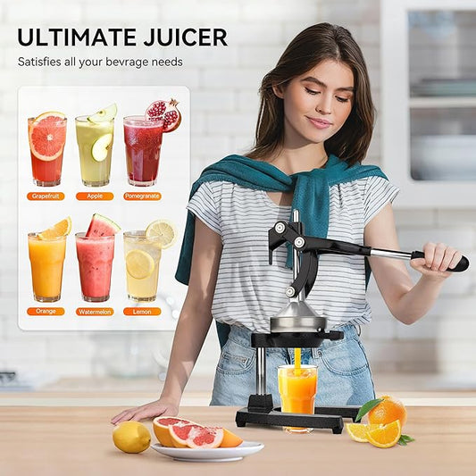 Cast Iron Juicer, Heavy-Duty Manual Juicer Hand Press, Citrus Juicer for Lemons, Oranges, Pomegranates, Grapefruits, and Other Fruits, Easy-To-Use and Clean Stainless Steel Lemon Squeezer (Black)