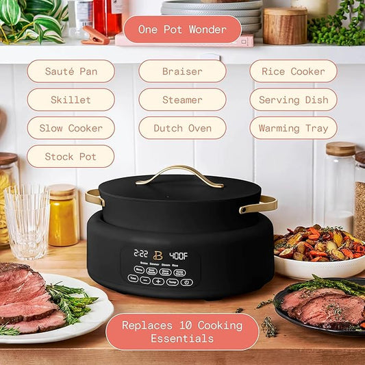 Beautiful 10-in-1 Electric MultiCooker 6 Quart - Programmable Slow Cooker, Sous Vide, Rice Cooker - Sleek Touch Timer & Delayed Start - Kitchen Appliance by Drew Barrymore (Black Sesame)
