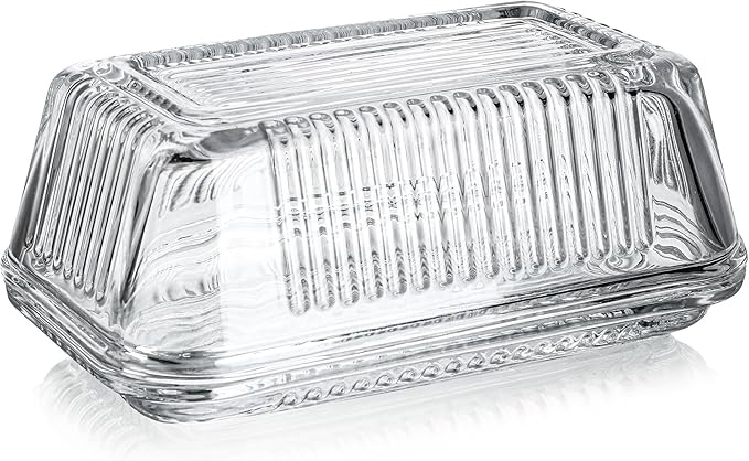 Clear Glass Butter Dish with Lid for Countertop, 6.5" Crystal Butter Dish with Cover, Covered Butter Tray for Refrigerator