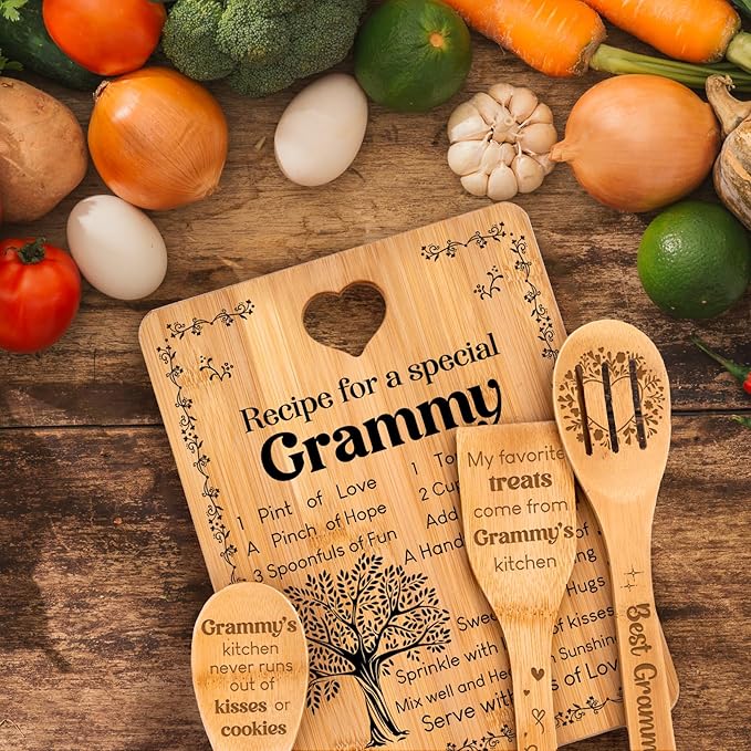 Grammy Gifts - "Recipe for a Special Grammy" Gifts for Grammy Cutting Board Set, Bamboo-Made Engraved Utensil Set Grammy Cutting Board, Grammy Idea Gifts.
