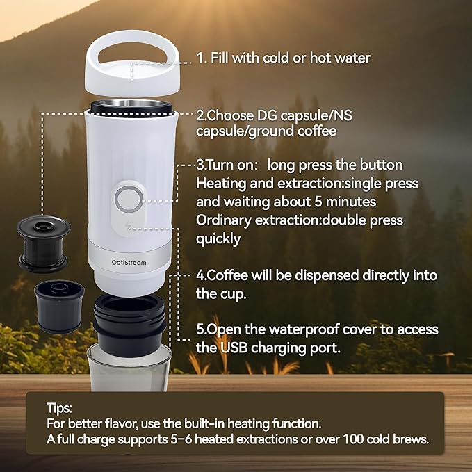 Optistream Portable Electric Espresso Machine, Travel Coffee Maker for Camping, Car Coffee Maker Self-Heating with USB-C, With Ground Coffee & NS Capsule for RV, Hiking, Office (Black)