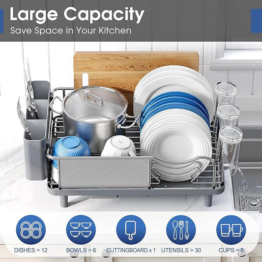 Stainless Steel Dish Drying Rack - Grade Large Capacity Kitchen Counter Organizer with Drain Board, Utensil Holder & Detachable Cup Shelf, 304 Surgical-Grade Rust-Proof Dish Drainer, Easy Assembly