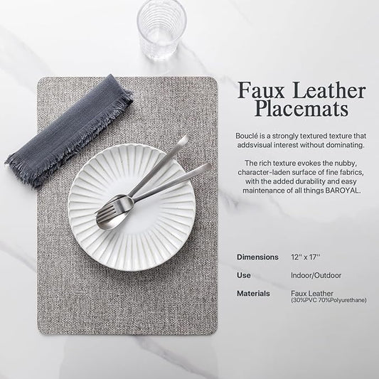 Faux Leather Placemats Set of 4 Vinyl Washable Wipeable Table Mats for Kitchen Dining Table Heat Resistant Waterproof Modern Indoor/Outdoor Placemats Non-Slip Easy Clean Place Mats (Mid Gray)