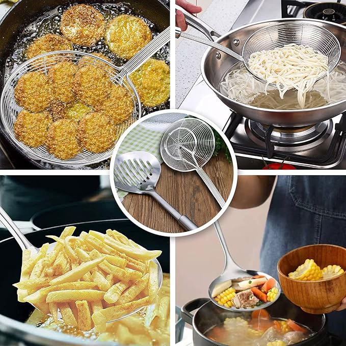 Multi Kitchen Utensil Stainless Steel Cooking Skimmer Slotted Fish Turner Spatula Spoon Colander Drain Water Filter Spoon Ladle Spider Strainer Skimmer Ladle for Cooking &Frying (2pcs)