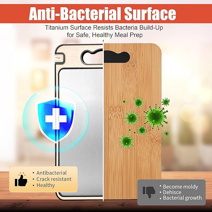 100% Pure Titanium Cutting Board Pro | Non Toxic Chopping Board for Kitchen | Dual Sided, Metal & Wheat Straw Boards with Knife Guards & Sharpener, Finger Guard & Juice Groove