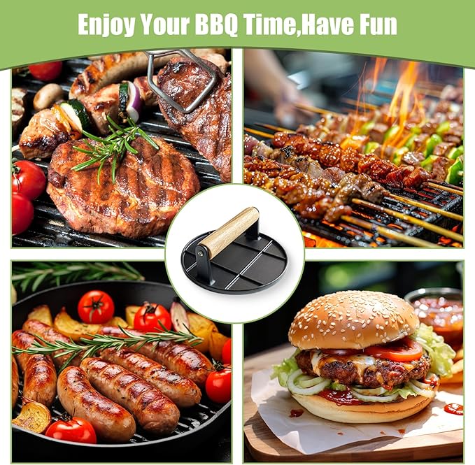 Burger Press,Smash Burger Press for Griddle with Wood Handle,Burger Smasher for Grill, Steak Bacon Smasher for Camping (Round)