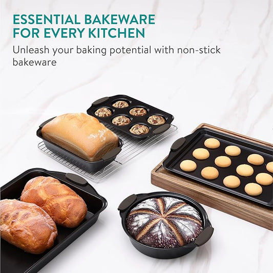 Navaris Nonstick Bakeware Set, 5-Piece Including Cookie Sheet, Muffin Pan, Loaf Pan, Cake Pan, Roasting Pan with Silicone Handles, Dishwasher Safe - Carbon Steel - Black