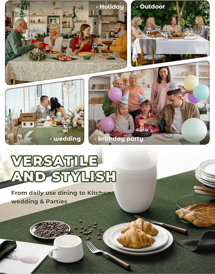 Faux Linen Farmhouse Table Cloth 60"x104" for 6 ft Rectangle Table, Dark Green Waterproof Outdoor Washable Cloth Tablecloth for Rectangular Dining Room Kitchen Outdoor Party Restaurant Table