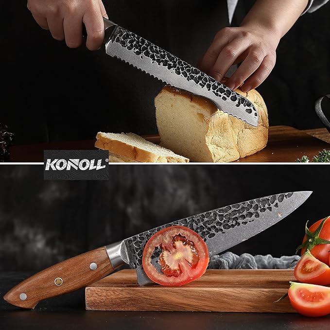 KONOLL Kitchen Knife Set of 5 pcs Japanese AUS-8 Steel Forged Handmade Chef Knives Set without block For Chef Gift Box knofe Set Ultra Sharp with Full Tang Large Wood Handle