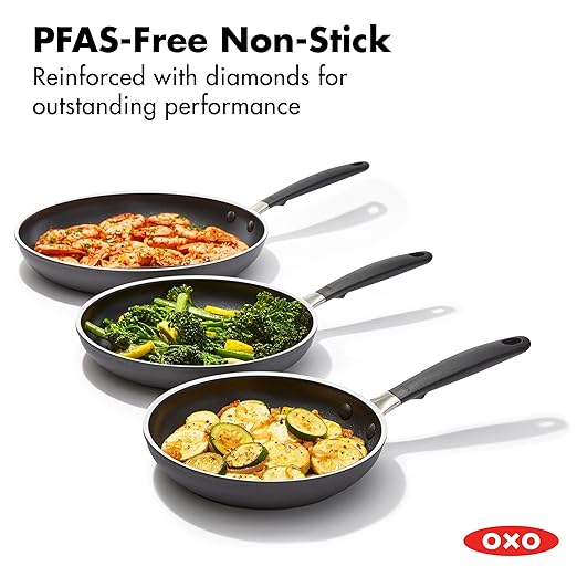 OXO Non-Stick Every Day Frying Pan Set, BPA-Free Comfort Grip Silicone Handles, Dishwasher & Oven Safe, PFAS-Free Ceramic Skillets, Black, 8”, 10” & 12”