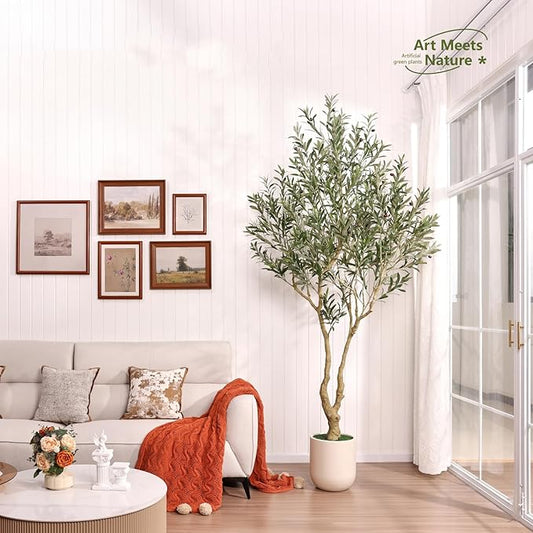 Artificial Olive Tree 8FT Tall, Faux Plants Indoor - Fake Plant with Lifelike Leaves,White Planter - Large Fake Olive Trees for Home Living Room Office Bedroom Floor Decor
