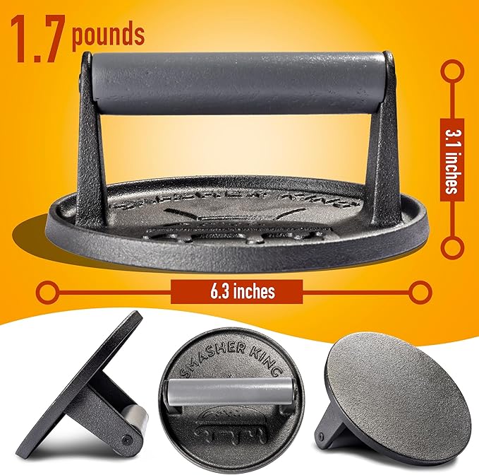 SMASHER KING™ - Smash Burger Press - Cast Iron Burger Smasher And Hamburger Patty Maker - Smash Burger Kit With 25 Sheets Of Paper - Grill Press And Steak Weight For Heavy Meat Smasher Cooking Results